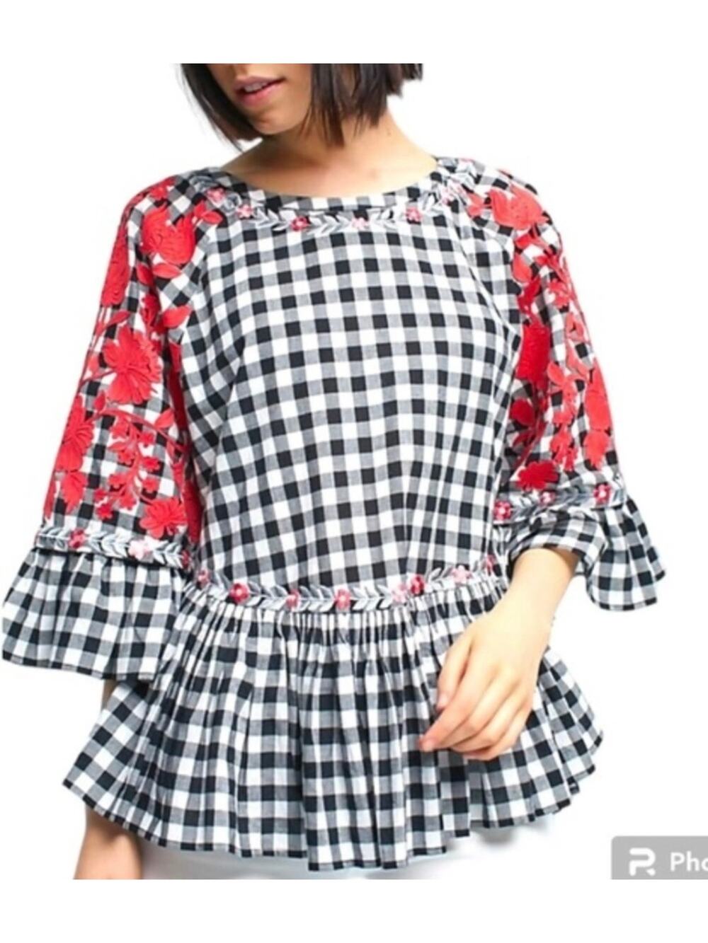 Anthropologie Pankaj & Nidhi Women's Floral Gingham Embroidered Tunic sz Small
